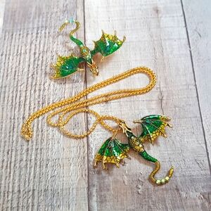 Green and Gold Dragon Necklace and Brooch set